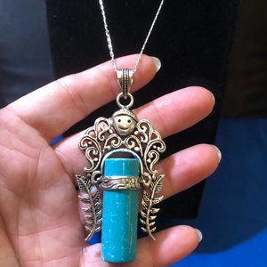 Huge Real Turquoise 925 Stamped Sterling Silver Smiley Face Necklace.